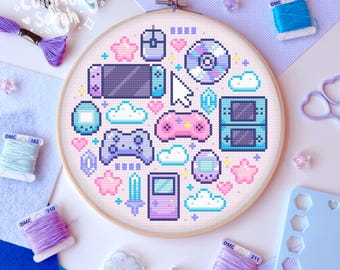 Retro games cross stitch pattern, video games, cd, ds, switch, pastel, gamer, digital games, computer, cute, beginner, PDF Downloadable
