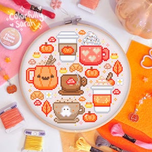 Korsstygnsmönster för mysiga drycker, höst, kaffe, latte, pumpa, halloween, te, varm choklad, nybörjare, PDF-nedladdningsbar