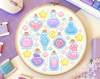 Pastel Potions Cross Stitch Pattern, Colorfullysarahshop, Magic, Witchy, Goth, Potion bottles, Pink, Beginner, Videogame PDF Downloadable