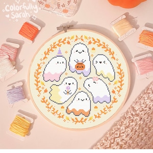 Pastell Geister Kreuzstichmuster, Geister xstitch, Kawaii, Spooky, Süßes oder Saures, Candy corn, zählbarer xstitch, PDF herunterladbar
