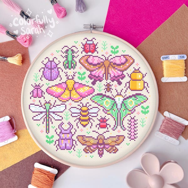 Spring Insects Cross Stitch Pattern, bugs, butterflies, rosy maple moth, beetle, stag, bee, luna moth, nature, beginner, PDF Downloadable