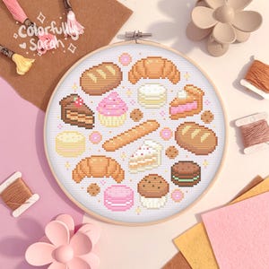 Bakery Treats Cross Stitch Pattern, kitchen, bread, sweets, croissant, cake, cupcake, treats, baked goods, food, beginner, PDF Downloadable