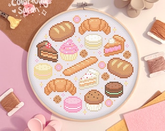 Wzór do haftu krzyżykowego „Bakery Treats”, kuchnia, chleb, słodycze, rogalik, ciasto, babeczka, smakołyki, wypieki, jedzenie, początkujący, plik PDF do pobrania
