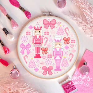 Pinkmas cross stitch pattern, Christmas, holiday, snow, snowflake, nutcracker, cozy, cute, pastel, xmas, xstitch, beginner, PDF Downloadable