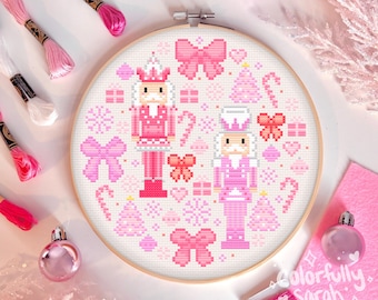 Pinkmas cross stitch pattern, Christmas, holiday, snow, snowflake, nutcracker, cozy, cute, pastel, xmas, xstitch, beginner, PDF Downloadable