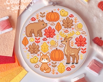 Fall forest critters cross stitch pattern, bear, deer, fox, autumn, cottegecore, mushroomcore, pumpkin, Countable xstitch, PDF Downloadable