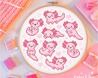 Patrón de punto de cruz de axolotl rosa, lindo, bajo el agua, pastel, criaturas marinas, kawaii, principiante, Colorfullysarahshop, PDF simple descargable