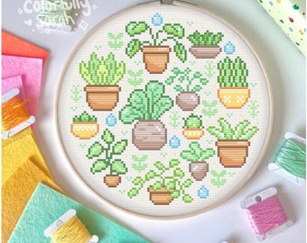 Potted Plants Cross Stitch Pattern, green, natural, plant mom, nature inspired, cute, garden, flowers, houseplant, Simple PDF Downloadable