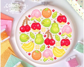AC Fruits Cross Stitch Pattern, Apple, Orange, Peach, Banana, Pear, Coconut, Green, Cute fruit, Leaf, Simple PDF Downloadable