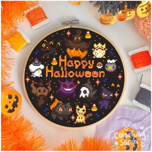 Happy Halloween Cross Stitch Pattern, Gaming cross stitch, Spooky, Trick or Treat, Candy corn, Countable xstitch, PDF Downloadable