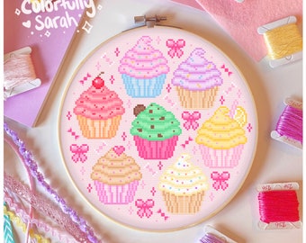 Colorful Cupcakes Cross Stitch Pattern, Sprinkles, Pink, Kawaii, Cute, Baking, Bows, Fun, Pastel, Beginner, Simple PDF Downloadable