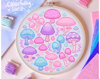 Fall mushroom cross stitch pattern, autumn, spooky, magical, witch, colorful, magical, halloween, beginner, forest, PDF Downloadable