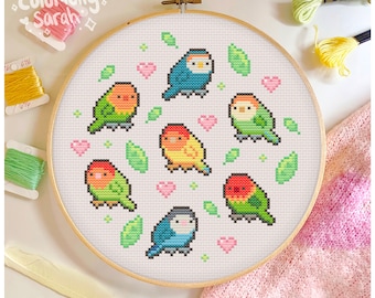 Lovebird pet Cross Stitch Pattern, pet birds, pastel, leaves, rosy-faced, peach face, fischer's lovebird, rainbow, simple PDF Downloadable