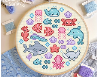Underwater fish friends Cross Stitch Pattern, Shark, Stingray, Fish, Water, Coral, Sea, Ocean, Bubbles, Blue, Simple PDF Downloadable