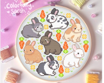 Bunnies Cross Stitch Pattern, Rabbit, Carrot, Pet bunny, Cute, Flowers, rabbit owner gift, Fun, Pastel, Beginner, Simple PDF Downloadable