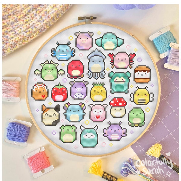 Squishmallow Cross Stitch Pattern, Rainbow, Stacy, Malcolm, Wendy, Patty, Maggie, Joelle, Bubba, Lala, Waverly, Cow, Frog, PDF Downloadable