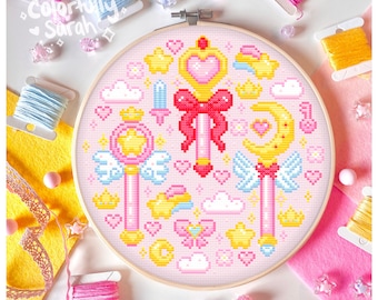 Magical Girl Cross Stitch Pattern, Anime, Pink, Kawaii, Starter, Flowers, Star, Transform, Wand, Bows, Moon, PC, Simple PDF Downloadable