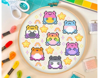 Rainbow Gay Frogs Cross Stitch Pattern, LGBTQ+, Pride Flag, Lesbian, Bisexual, Transgender, Pastel, Cute, Beginner, Simple PDF Downloadable