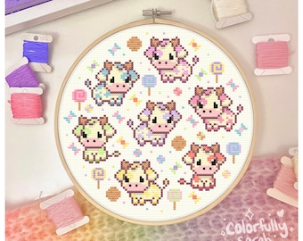Rainbow Candy Cows Cross Stitch Pattern, Pastel, Strawberry, Kawaii, Cute cows, Colorful, Candyland, Sweets treats, Simple PDF Downloadable