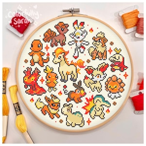Fire Type Cross Stitch Pattern, Gaming, Pastel cross stitch, Video game, Starter, Ember, Collection, Game Boy, Simple PDF Downloadable