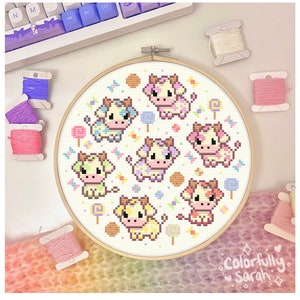 Rainbow Candy Cows Cross Stitch Pattern, Pastel, Strawberry, Kawaii, Cute cows, Colorful, Candyland, Sweets treats, Simple PDF Downloadable