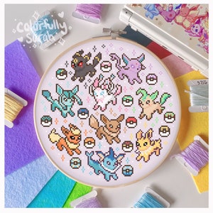 Patrón de punto de cruz Eeveelutions, punto de cruz kawaii, punto de cruz pastel, lindo, principiante, videojuego, PDF descargable