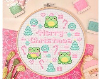 Christmas Frogs Cross Stitch Pattern, Kawaii Cross Stitch, Pastel cross stitch, Pink, Cute, Christmas, Winter PDF Downloadable