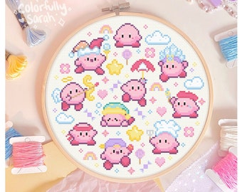 Pastel Candy Dream Cross Stitch Pattern, Kawaii, Rainbow, Kirby abilities, Pink, Cute, Clouds, Star, Videogame PDF Downloadable