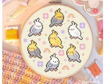 Groovy Spring Cockatiel Cross Stitch Pattern, pet birds, pastel, flowers, hippie, lutino cockatiel, grey, rainbow, simple PDF Downloadable