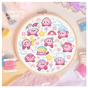 Pastel Candy Dream Cross Stitch Pattern, Kawaii, Rainbow, Kirby abilities, Pink, Cute, Clouds, Star, Videogame PDF Downloadable