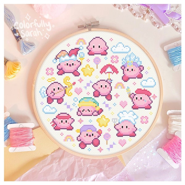 Pastel Candy Dream Cross Stitch Pattern, Kawaii, Rainbow, Kirby abilities, Pink, Cute, Clouds, Star, Videogame PDF Downloadable