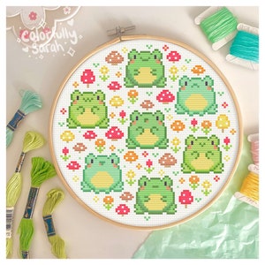 Froggie Flower Forest Cross Stitch Pattern, Mushroom, Frogs, Pastel, Cottegecore, Mushroomcore, Green, Leaf, Simple PDF Downloadable