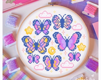 Sunset Butterflies Cross Stitch Pattern, pastel, star, cute, butterfly, gradient, beginner, multicolor, insects, simple PDF Downloadable