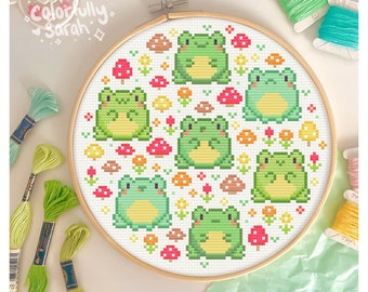 Froggie Flower Forest Cross Stitch Pattern, Mushroom, Frogs, Pastel, Cottegecore, Mushroomcore, Green, Leaf, Simple PDF Downloadable