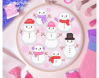 Snowmen cross stitch pattern, Christmas, holiday, snow, snowflake, cozy, cute, pastel, xmas, xstitch,  beginner, PDF Downloadable