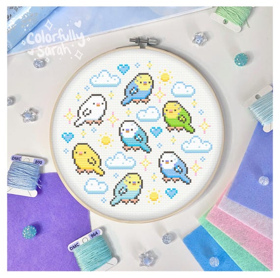 セキセイインコのクロスステッチパターン、ペットの鳥、パステル、雲