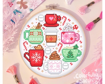 Christmas Mugs cross stitch pattern, holiday, snow, snowflake, cozy, cute, pastel, xmas, cozy drink, xstitch, beginner, PDF Downloadable