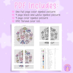 May include: A PDF document with a cross-stitch pattern featuring a circle of cartoon characters. The document includes a full-page color symbol pattern, four pages of black and white symbol patterns, four pages of color symbol patterns, and a DMC thread color list.