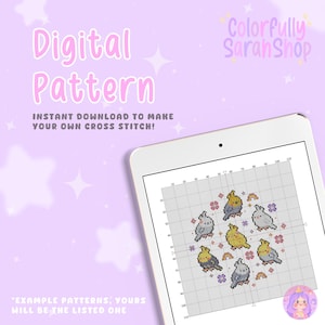 May include: Digital cross stitch pattern featuring a group of cute cartoon cockatiels with rainbows and flowers. The pattern is displayed on a tablet screen. The text "Colorfully Sarah Shop" is in the upper right corner of the image.