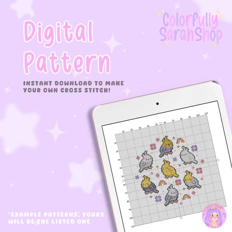 May include: Digital cross stitch pattern featuring a group of cute cartoon cockatiels with rainbows and flowers. The pattern is displayed on a tablet screen. The text "Colorfully Sarah Shop" is in the upper right corner of the image.
