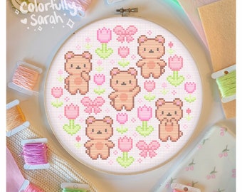 Flower Bears Cross Stitch Pattern, Pastel, Bow, Kawaii, Cute, Tulips, Colorful, Pink, Coquette, Floral, Teddy bear, Simple PDF Downloadable