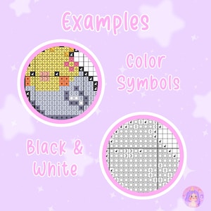 May include: Two examples of pixel art patterns. The first is a color pattern with a variety of symbols. The second is a black and white pattern with a variety of symbols.