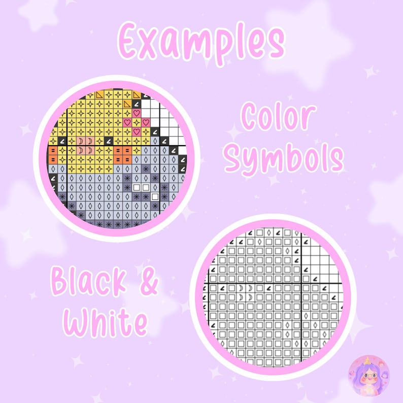 May include: Two examples of pixel art patterns. The first is a color pattern with a variety of symbols. The second is a black and white pattern with a variety of symbols.