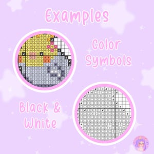 May include: Two examples of pixel art patterns. The first is a colour pattern with a variety of symbols. The second is a black and white pattern with a variety of symbols.