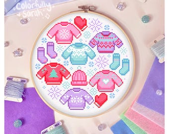 Winter sweaters cross stitch pattern, Christmas, holiday, snow, snowflake, cozy, cute, pastel, xmas, xstitch,  beginner, PDF Downloadable