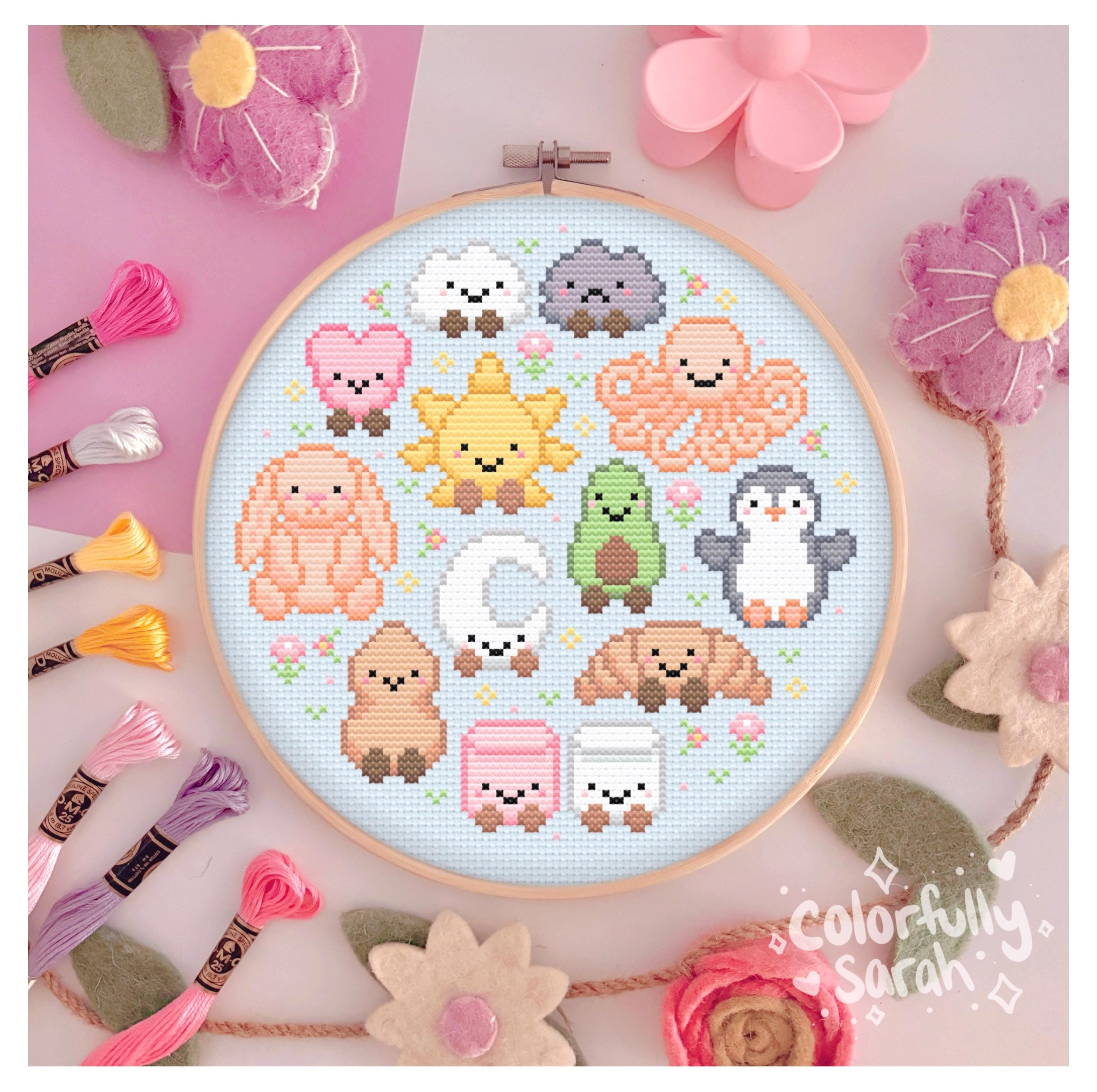 Jellycat Cross Stitch Pattern, stuffed animals, heart, croissant, marshmallows, octopus, softgirl, aesthetic, beginner, PDF Downloadable
