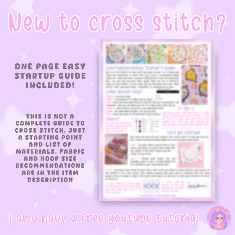 Pu&ograve; includere: Uno sfondo rosa e viola con un foglio di carta bianco con il testo "New to cross stitch?" e "One page easy startup guide included!" La carta include anche un elenco di materiali e istruzioni per il punto croce. Il testo "I also have a free youtube tutorial" &egrave; in fondo alla pagina.