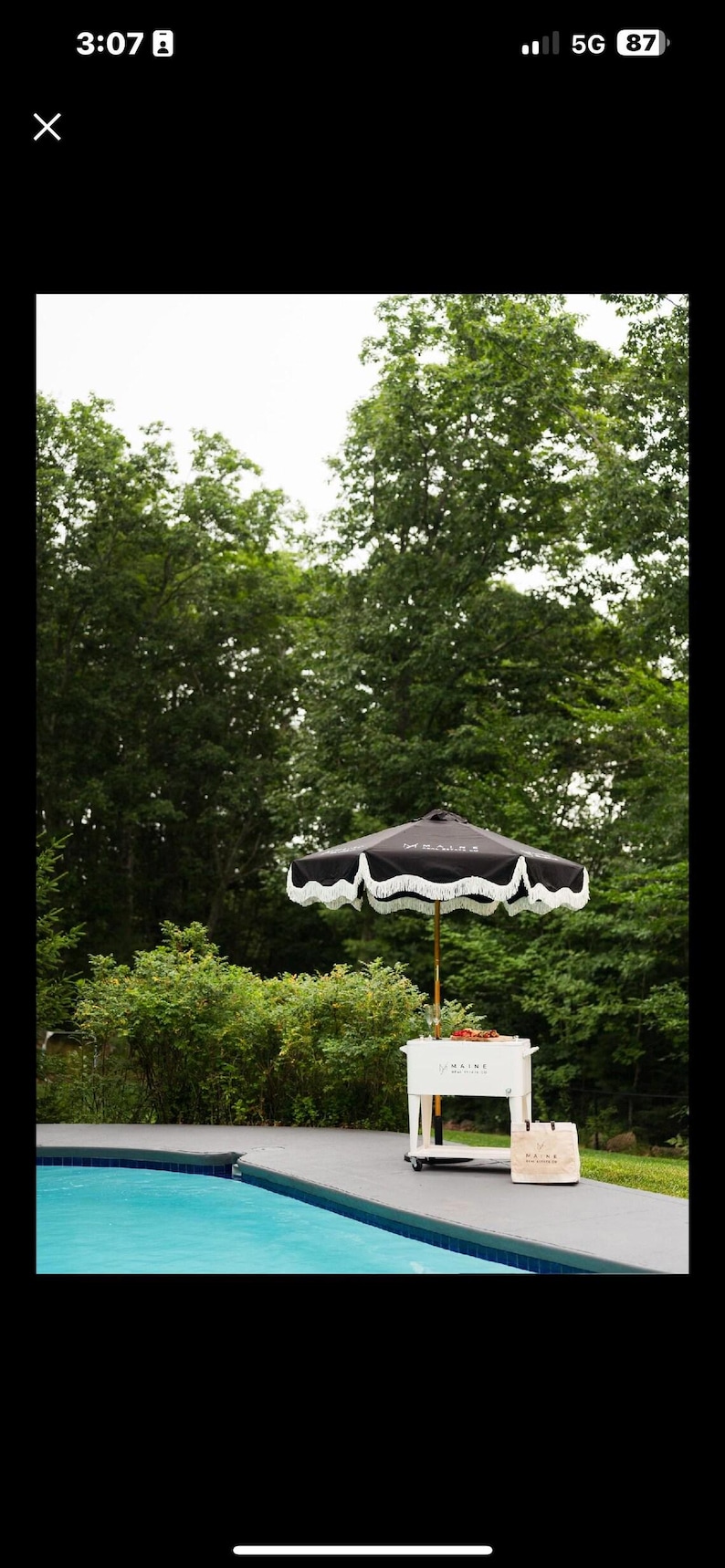 May include: A black and white fringed patio umbrella stands over a white rolling cart next to a pool. The cart has a beverage cooler and a tote bag. Lush green trees fill the background.