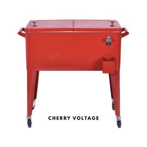 May include: A cherry red metal cooler with a bottle opener and a small storage compartment. The cooler has two hinged lids, side handles, and sits on four legs with wheels. The text "CHERRY VOLTAGE" is printed on the front.