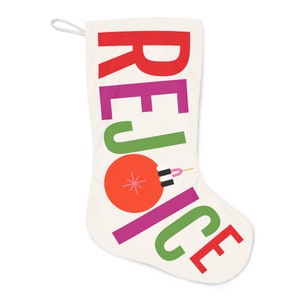 REJOICE |  Retro-Modern Vintage Christmas Stocking - Colorful Mid-Century Modern MCM Design with Whimsical Touch & Free Personalization